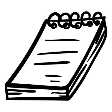 Sayfalarında spiral bağlanma ve yatay çizgiler olan beyaz bir not defterinin elle çizilmiş basit bir çizimi.