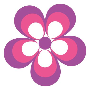Pembe ve mor tonlarında beş yuvarlak taç yapraklı, merkezi bir daireye sahip stilize bir çiçek tasarımı..