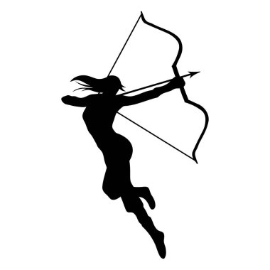 Siyah bir siluet güçlü bir poz veren bir kadın, beyaz bir arka plana doğru atlıyor ve ok ve yay çiziyor..
