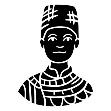 Siyah ve beyaz bir resimde omuzlarından yukarısına doğru uzanan, kendine özgü uzun bir şapka ve desenli bir kıyafet giyen bir kişi resmedilmiş..