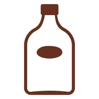 Ortasında boş oval etiket olan kahverengi cam bir şişenin minimalist bir çizimi. Şişenin kapağı ve ince bir boynu var..