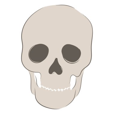 Koyu, boş göz çukurları ve basit burun boşluğu olan stilize, açık renkli bir insan kafatası. Dişler görünür..