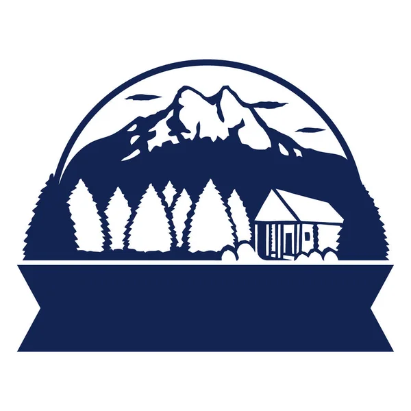 Şekillendirilmiş bir siluet, yoğun bir ormanın arkasındaki karla kaplı bir dağ sırasını ve kemer içindeki küçük bir kulübeyi tasvir eder..
