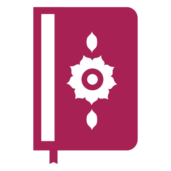 A maroon notebook or journal featuring a stylized white floral emblem and a white vertical stripe. A red bookmark protrudes from the bottom.