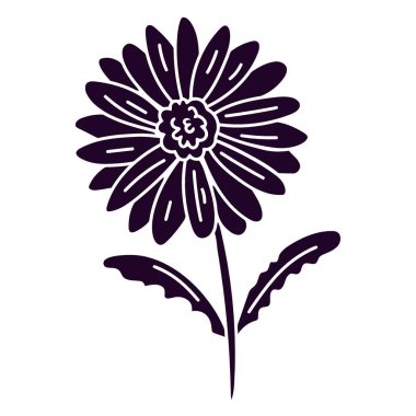 Bir sürü taç yaprağı, bir gövdesi ve beyaz bir arka planda iki yaprağı olan papatya benzeri bir çiçeğin koyu mor silueti..