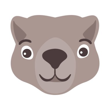 Bir wombat kafasının basit, düz bir çizimi. Büyük, yuvarlak gözleri ve belirgin koyu bir burnu var. Dostça bir gülümsemesi var..