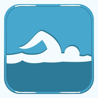 Serbest yüzen bir insanın beyaz bir silueti mavi suyun eğimine karşı betimlenir..