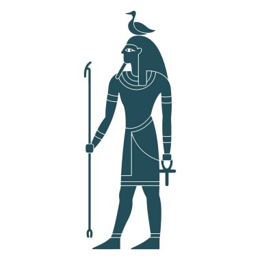 Eski Mısır tanrıçasının koyu bir silueti, muhtemelen bir tanrı ya da tanrıça, kafasında bir kuş olan bir asa ve bir ankh sembolü tutuyor..