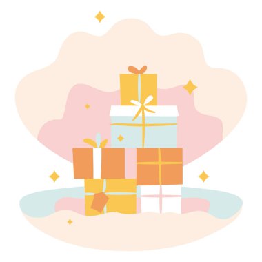 Çeşitli boyut ve renklerde hediye kulesi içeren canlı bir illüstrasyon, fiyonklarla süslenmiş ve şenlikli ışıltılarla çevrili..