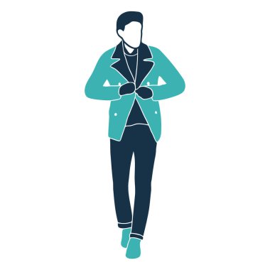 Koyu renk pantolon ve ayakkabıların üzerinde duran ve deniz mavisi paltosunu ayarlayan bir adamın stilize edilmiş bir resmi. Eşarp takıyor..