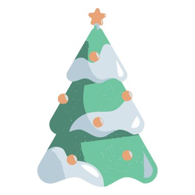 Kar ve küçük yuvarlak süslemelerle süslenmiş, karikatüre benzer bir Noel ağacı..