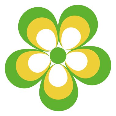 Tarz sahibi, geçmişe dönük, yeşil ve sarı renkli beş yapraklı bir çiçek tasarımı beyaz bir arkaplana karşı..