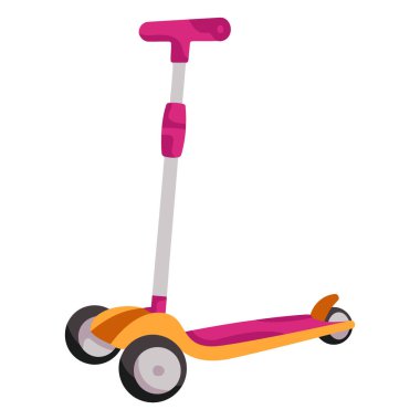 Pembe gidon ve güverte turuncu aksanlı ve beyaz tekerlekli çocuklar için canlı bir üç tekerlekli scooter..