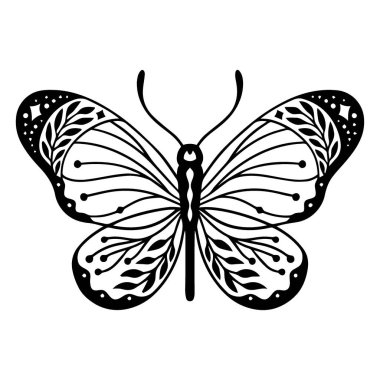 Kanatlarını süsleyen narin, yapraklı desenleri olan bir kelebeğin ayrıntılı siyah beyaz çizimi. Tasarım simetrik ve zarif..