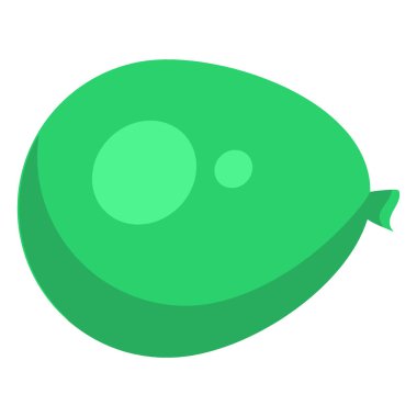 Yeşil bir balonun basit, düz bir çizimi, boyundan şişirilmiş ve bağlanmış, ince gölgelendirmeli..