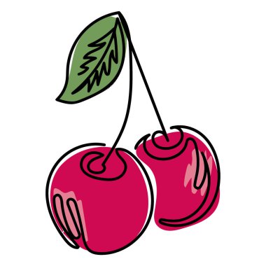 Minimalist, elle çizilmiş iki olgun kırmızı kirazın tek bir yeşil yaprakla bağlanmış hali..