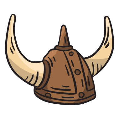 Belirgin, kıvrımlı, açık renkli boynuzlar ve dekoratif düğmelerle süslenmiş kahverengi deri bir Viking miğferinin el çizimi, karikatür tarzı çizimi..