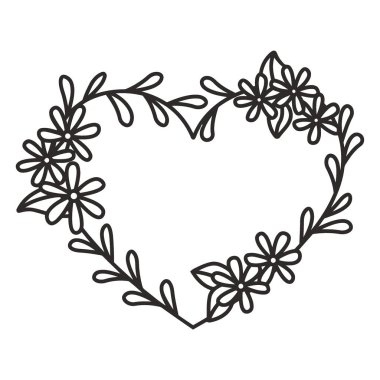 Küçük çiçekler ve narin yapraklarla süslenmiş kalp şeklindeki bir çelengin el çizimi, siyah beyaz çizgisi..