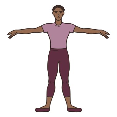 Erkek bir balerin T-poz verip kollarını iki yana açarak ilk pozisyonu gösterir..