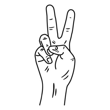 Bir elin siyah beyaz çizgisi iki parmağı yukarı doğru uzanmış barış veya zafer işareti yapıyor..
