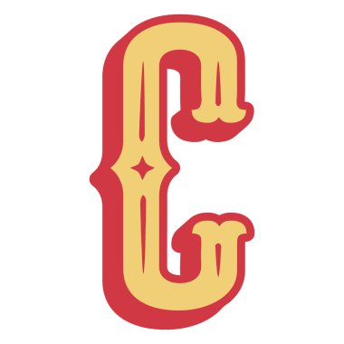 Klasik bir sirk yazı tipinde dizayn edilmiş C harfi. Cüretkar kırmızı çizgiler ve dekoratif aksanlı sarı bir iç taslak içeriyor..