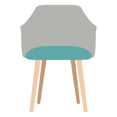 Gri döşemeli koltuğu olan modern bir aksan sandalyesi ve hafif ahşap bacaklarla desteklenen deniz mavisi koltuk minderi..