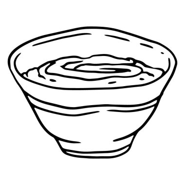 Siyah ve beyaz bir skeç, içinde kalın ve kremalı bir sos bulunan sığ bir kase tasvir eder. Çizimler minimalist ve temiz..