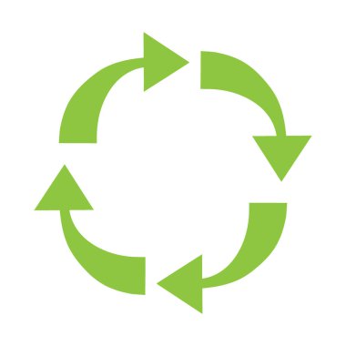 Geri dönüşüm ve sürdürülebilirliği temsil eden, sürekli bir döngü içinde dört oktan oluşan parlak yeşil dairesel bir sembol..