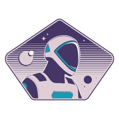 Bir astronotun miğferinin ve omuzlarının elmas şekilli bir amblemde stilize edilmiş hali, gezegenler ve yıldızlarla dolu retro uzay estetiği içeriyor..