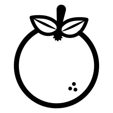 Yuvarlak bir meyvenin minimalist siyah beyaz çizgisi, muhtemelen bir portakal, iki yaprak ve bir kök..