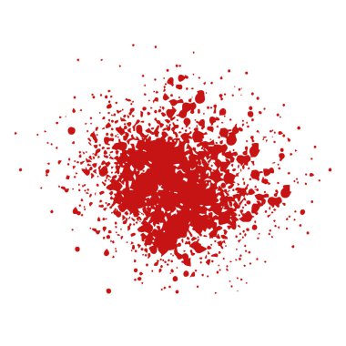 Kırmızı boyanın canlı, kaotik patlaması beyaz bir zemine sıçrıyor ve damlatıyor. Bu da soyut ve enerjik bir etki yaratıyor..