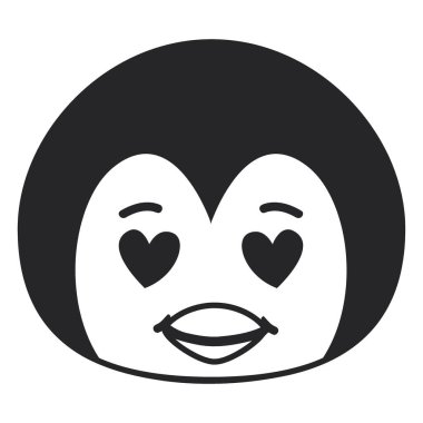 Kalp şeklinde gözleri ve gülümseyen gagası olan bir penguenin basit siyah ve beyaz bir çizimi..