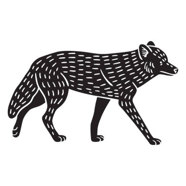 Profilde bir tilkinin linocut ya da ahşap kesim tarzı çizimi, başı hafifçe dönük yürüyor. Kürk, çatlamış çizgilerle tasvir edilir..