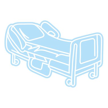 Hasta rahatlığı ve bakımı için ayarlanabilir özellikleri olan modern bir hastane yatağının açık mavi çizimi..