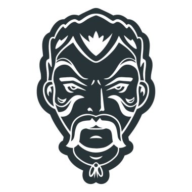 Çarpıcı, koyu renk bir yüz. Yoğun gözleri, belirgin bir bıyığı ve çarpıcı bir yüz ifadesi var..