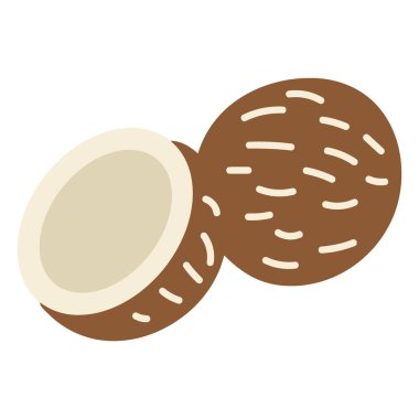 Hindistancevizinin yanındaki kahverengi hindistan cevizinin bembeyaz etini gösteren stilize edilmiş, düz bir çizimi..