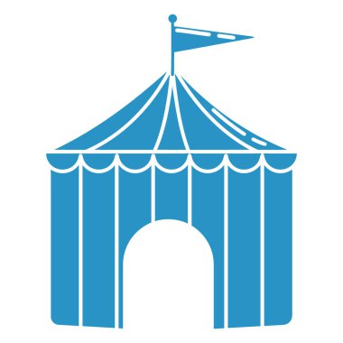 Üzerinde beyaz bir bayrak ve kemerli bir giriş olan mavi bir sirk çadırının stilize edilmiş, düz bir tasarımı..