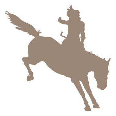 Geleneksel kıyafetli bir kovboyun stilize edilmiş silueti havada vahşi, zıplayan bir ata ustaca biniyor..