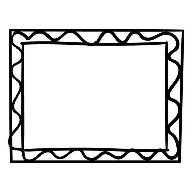 Dekoratif dalgalı dış kenarı olan dikdörtgen bir çerçevenin siyah ve beyaz çizimi, oyuncu bir dokunuş eklemek için mükemmel..