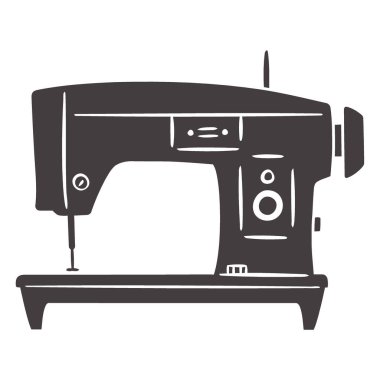 Simgesel tasarımı ve mekanik bileşenleri grafik tarzında yapılmış, eski bir dikiş makinesinin koyu bir silueti..