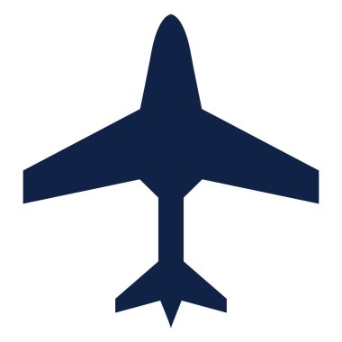 Minimalist, koyu mavi bir siluet. Doğrudan yukarıdan görünen bir jet uçağının kanatları beyaz bir arka plana doğru genişçe yayılmış..