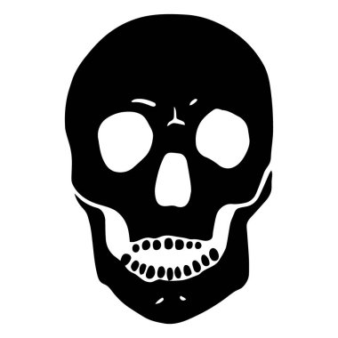 Siyah beyaz bir insan kafatasının net ve grafik bir çizimi. Kafatasında büyük göz çukurları ve görünür dişleri olan açık bir ağız bulunur..