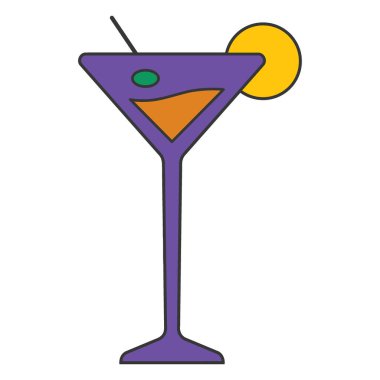 Turuncu sıvıyla doldurulmuş, yeşil zeytin ve beyaz arka planda bir limon dilimiyle süslenmiş stilize edilmiş mor bir martini bardağı..