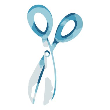 Bir çift açık mavi makasın elle çizilmiş suluboya resmi. Bıçaklar üzerinde şeffaf bir etkisi var, beyaz üzerinde izole edilmiş..