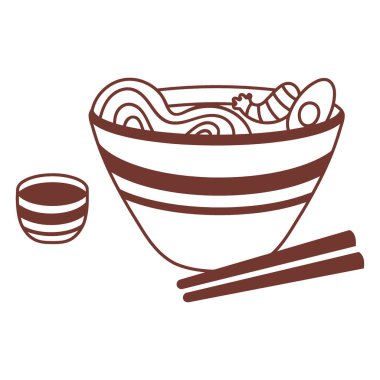 Minimalist bir illüstrasyonda bir kase ramen, yemek çubuğu ve küçük bir tabak bulunur. Hepsi de kahverengi hatlı basit bir sanat tarzında çizilmiştir..