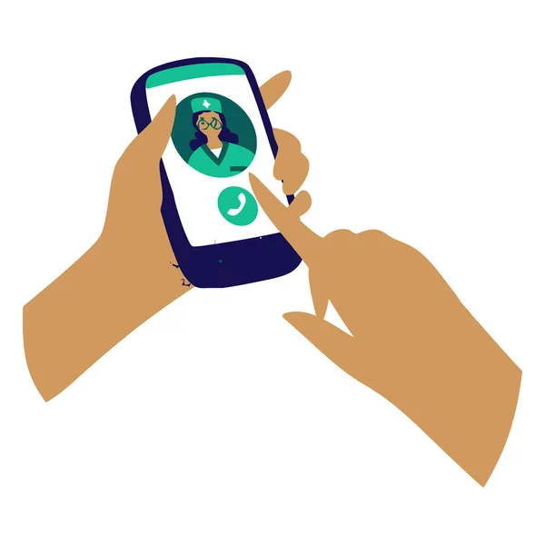 İki el akıllı telefon tutarken görülüyor. Ekranda yeşil önlük giyen bir doktorla görüntüler var..