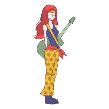 Müzik aleti ve gitar vektör çizimi olan bir kadın.