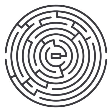 Labirent simgesi, ince çizgi çizimi, daire ve web vektör tasarım işareti, ana hatlar