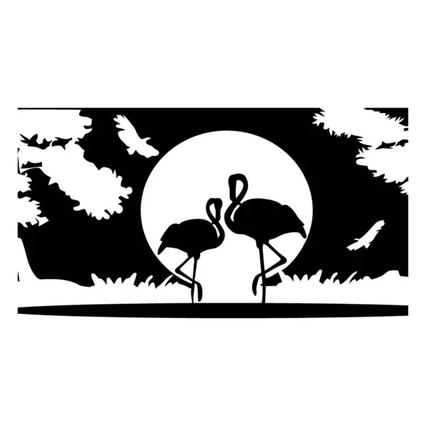 Arka planda iki kuş olan bir ağacın silueti.