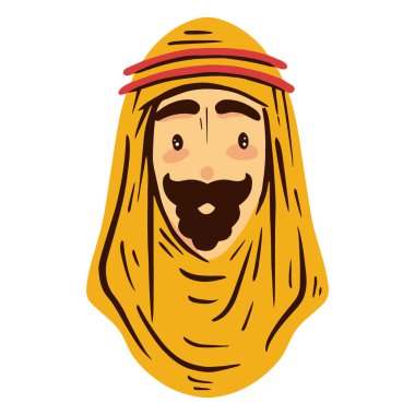 Uzun kahverengi saçlı ve sarı eşarplı mutlu bir adam.